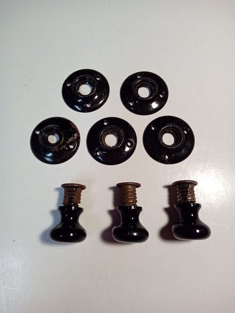 Black Porcelain (3) Drawer Pull Knobs (5) Door Rosette Plates Salvage