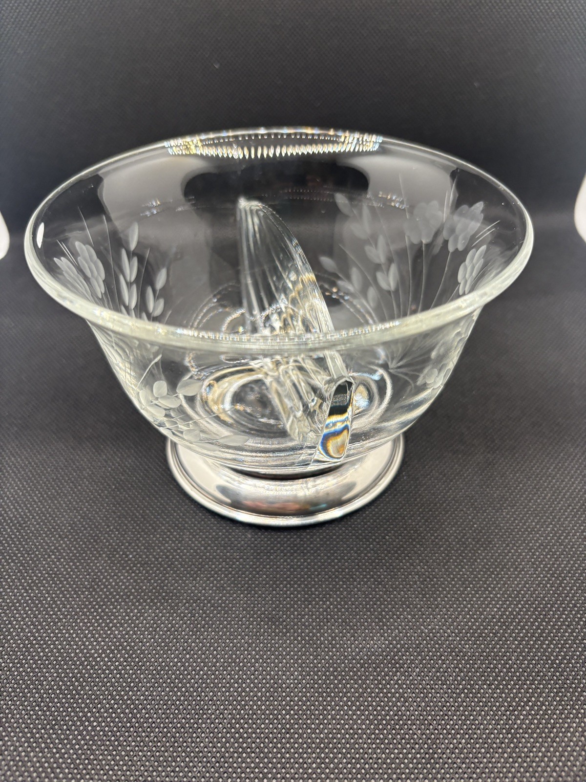 Floral Vintage Etched Glass Divided condiment Bowl with Sterling Silver Base