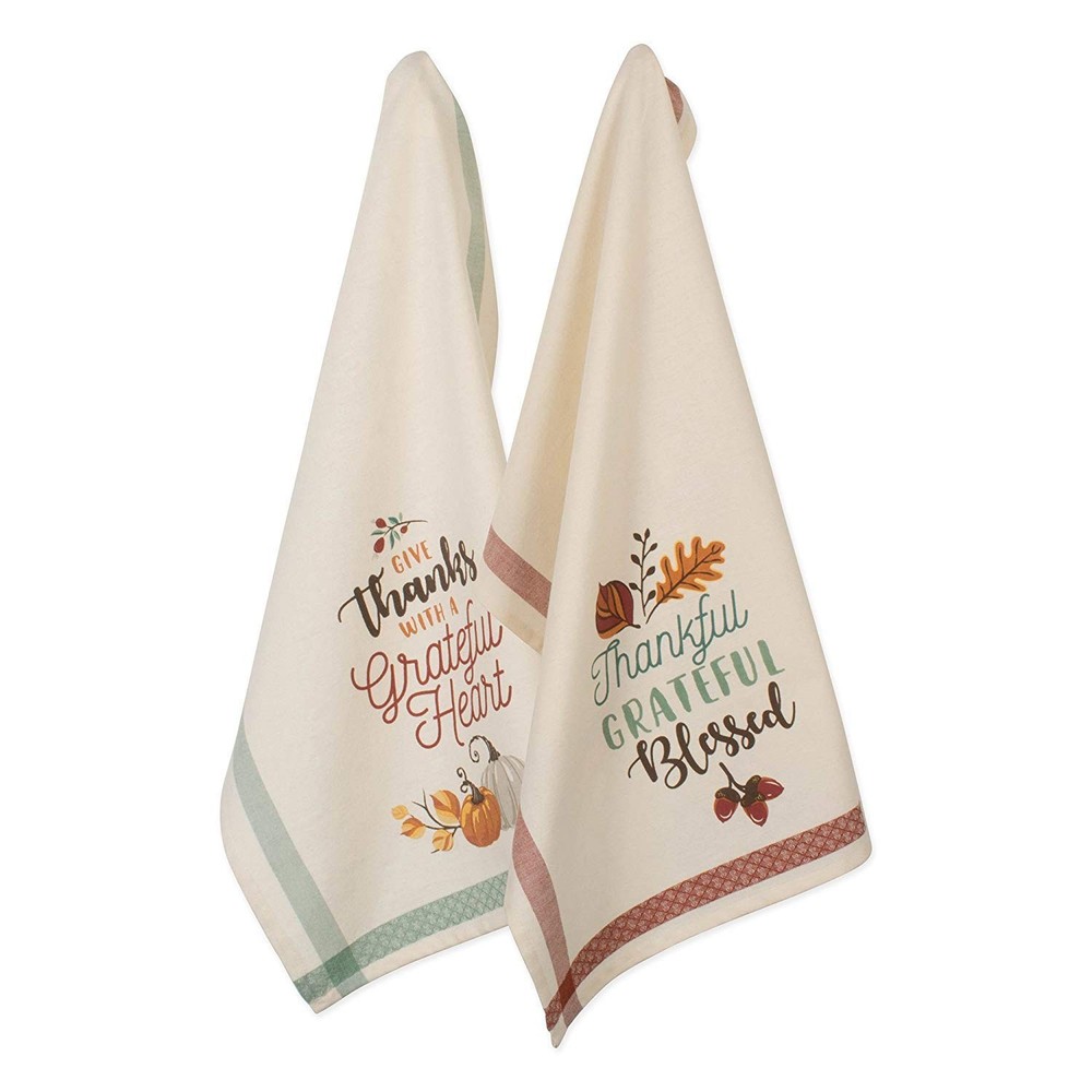 DII Fall Basics Collection Printed Dishtowel Set, 18x28, Grateful Fall 2 Piece
