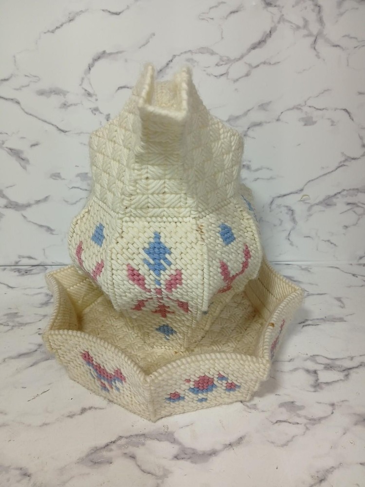 Needlepoint on Plastic Canvas Pitcher Vase With Basin Home Decor VTG