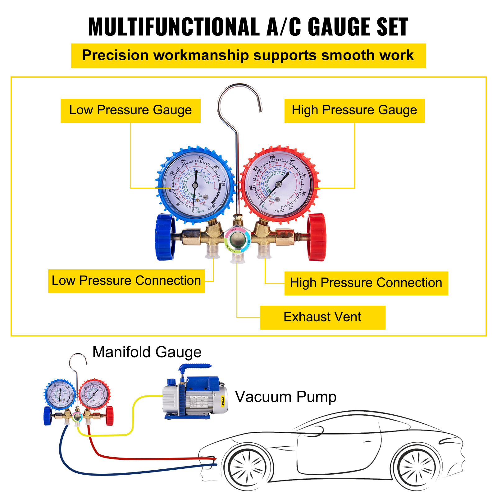 VEVOR 3 CFM Air Vacuum Pump HVAC Manifold Gauge Set AC A/C Refrigeration Kit