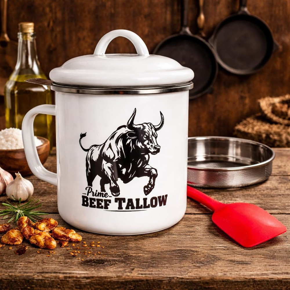 Beef Tallow Container with Strainer for Fat Storage – 40 Floz – 1.1 L – Bacon Gr