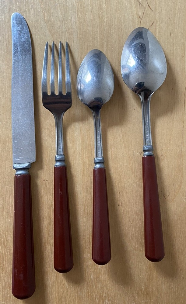 Brown Bakelite Flatware 2 Spoons, Fork, Knife Vintage