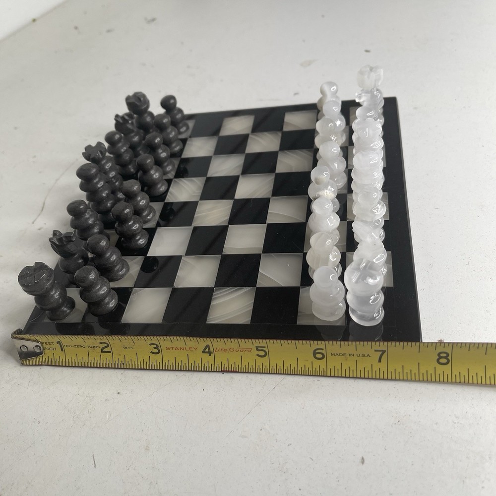 VTG Black & Hand Carved Marble Stone 8” Square Complete Chess Set
