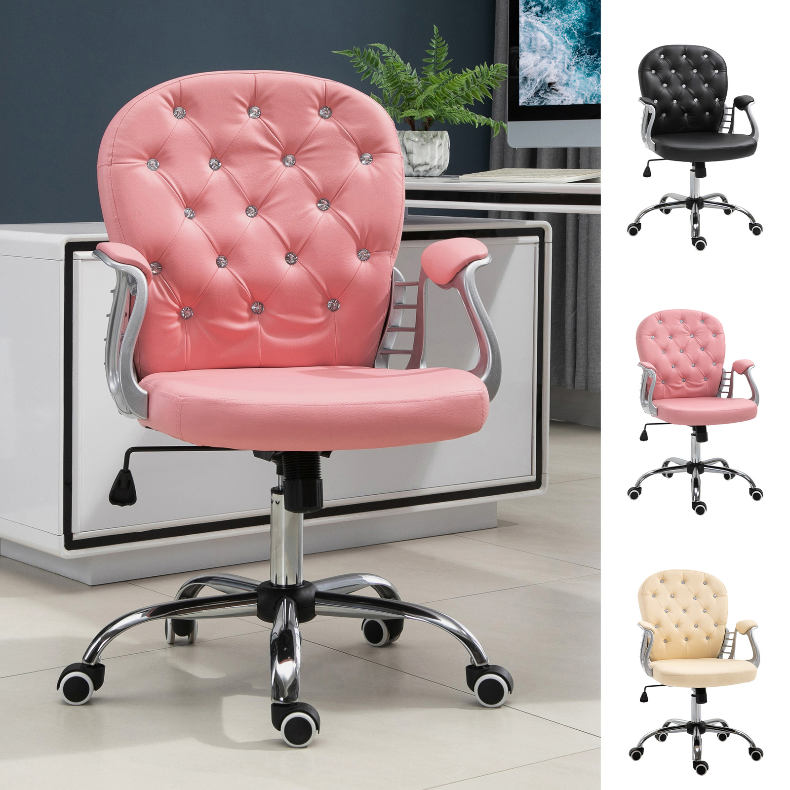 Vanity Office Chair Tufted Backrest Swivel Rolling with Height Adjustable
