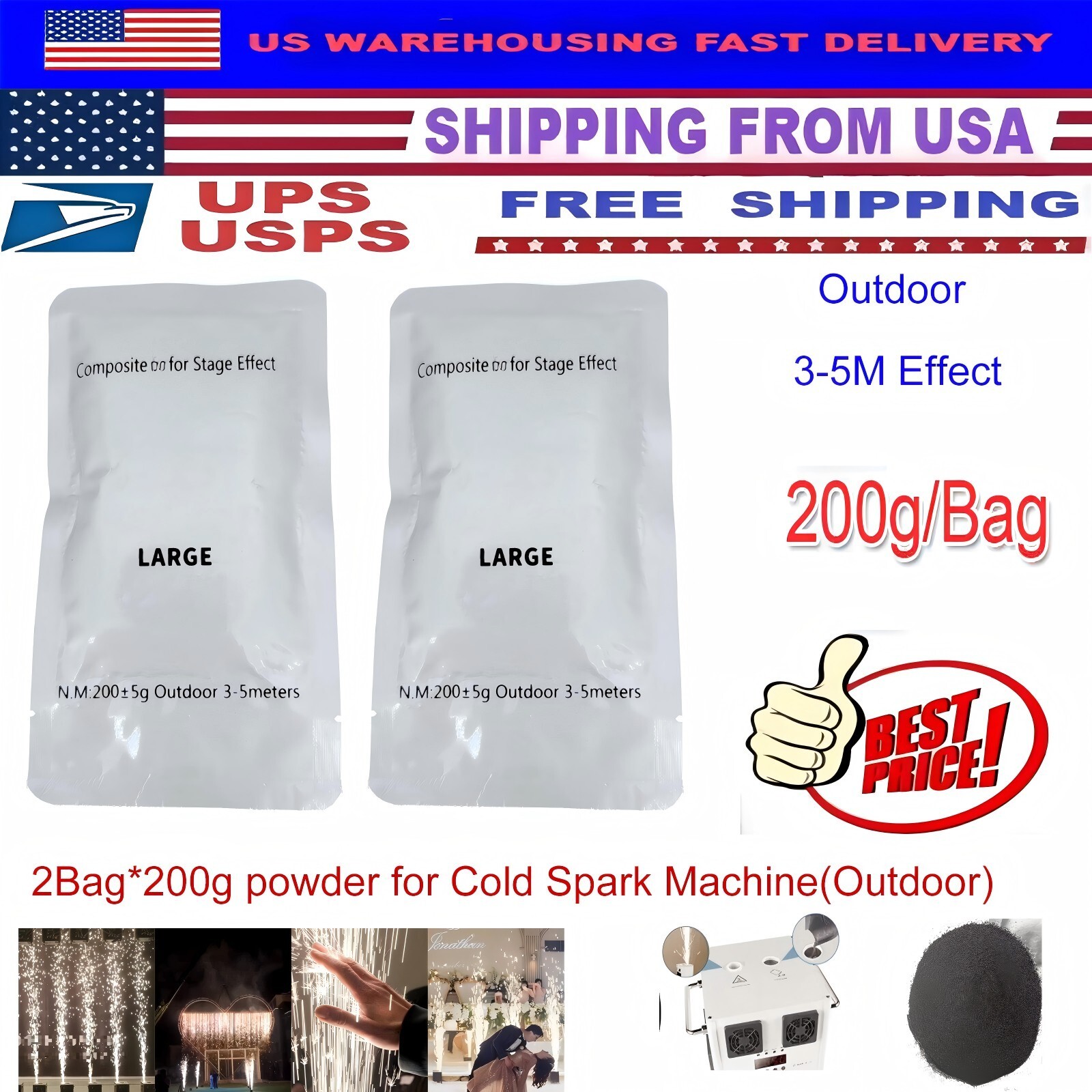 10bag*200g Cold Spark Machine Powder,Outdoor3-5M, for Weddings,Stages,Party(2Kg)