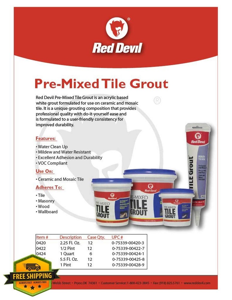 Red Devil 0422 Pre-Mixed Tile Grout White 1/2 Pint Wall Floor