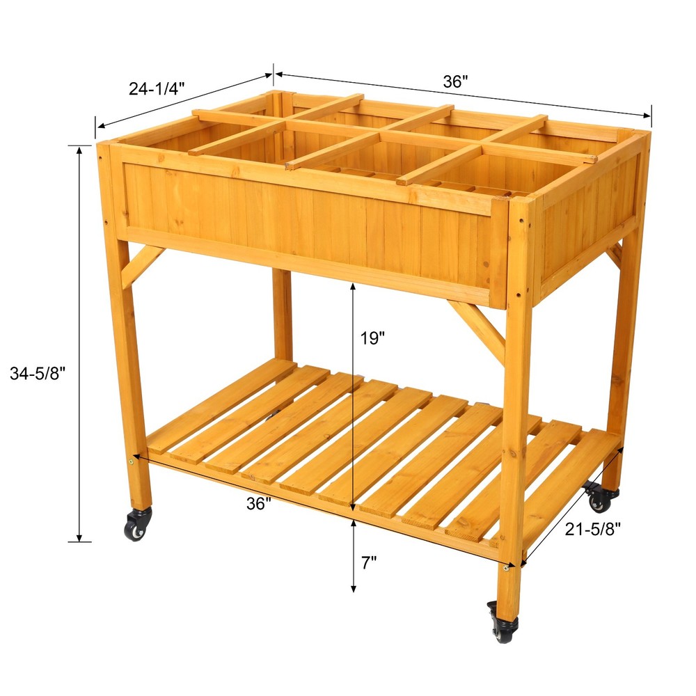 Mobile Elevated 8-Pocket Wood Planter w/ Lockable Wheels & Storage Shelf