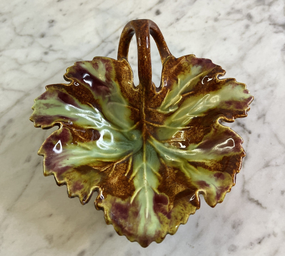 Vintage Maple Leaf Dish Green Brown Ceramic Double Loop Handle MCM