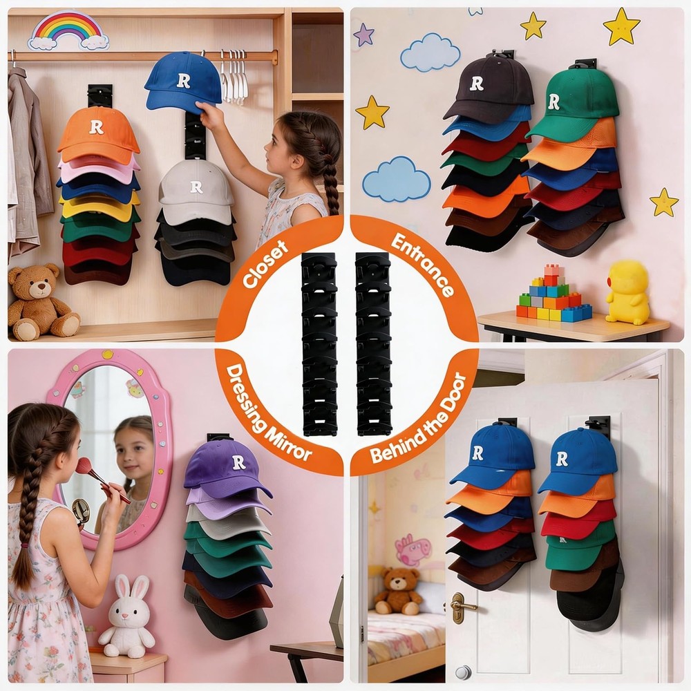 Hat Organizer for Baseball Caps, 2 Pack Strong Adhesive Hat Rack for Wall, Mu...