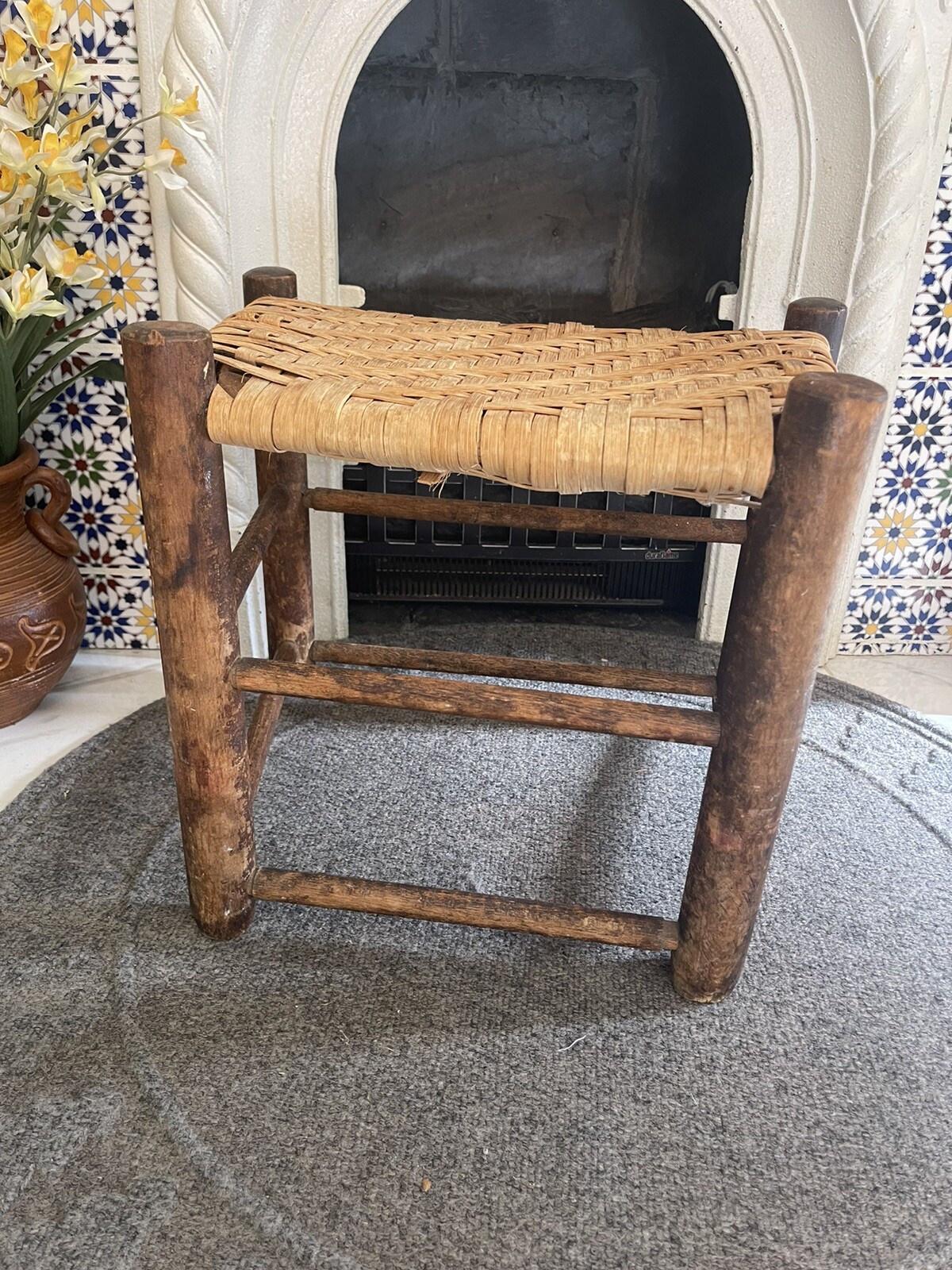 Vintage Oak Footstool Stool Ottoman With Trapezoid Woven Rush Top Handmade