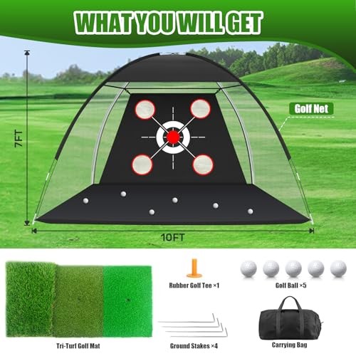 Golf Net with Practice Mat,Golf Hitting Aid Nets 10x7FT for Backyard Large