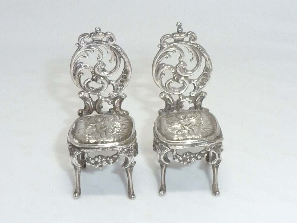 Victorian Pair Sterling Silver miniature Chairs Edwin Thompson Bryant c1897 29g