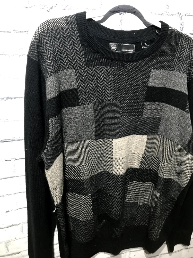 Weatherproof, Men XL, Black/Gray Patchwork Pattern Knit Pullover Sweater Retro