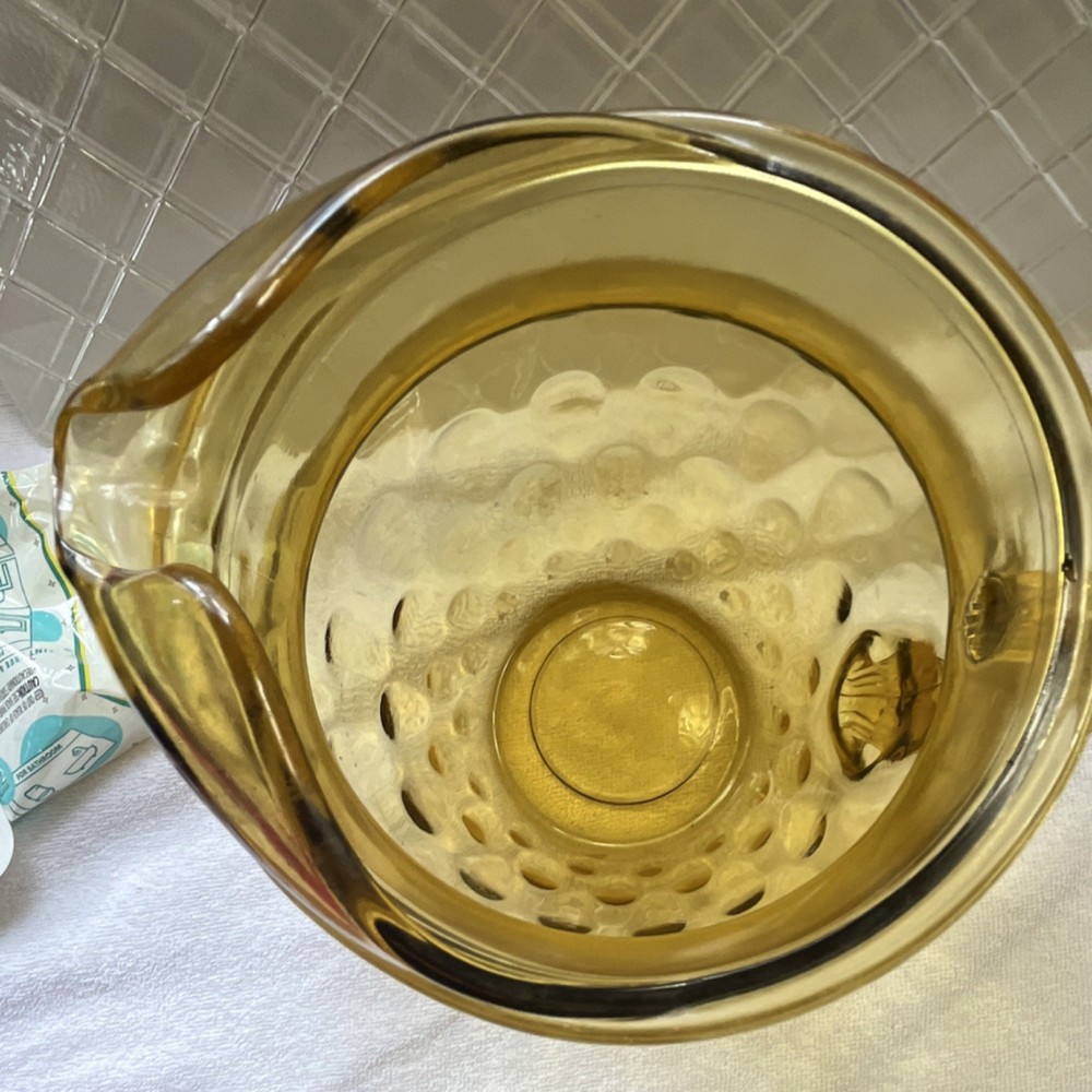 Amber Pressed Glass Pitcher, Glossy Solid Round, Handle, 9 in Height