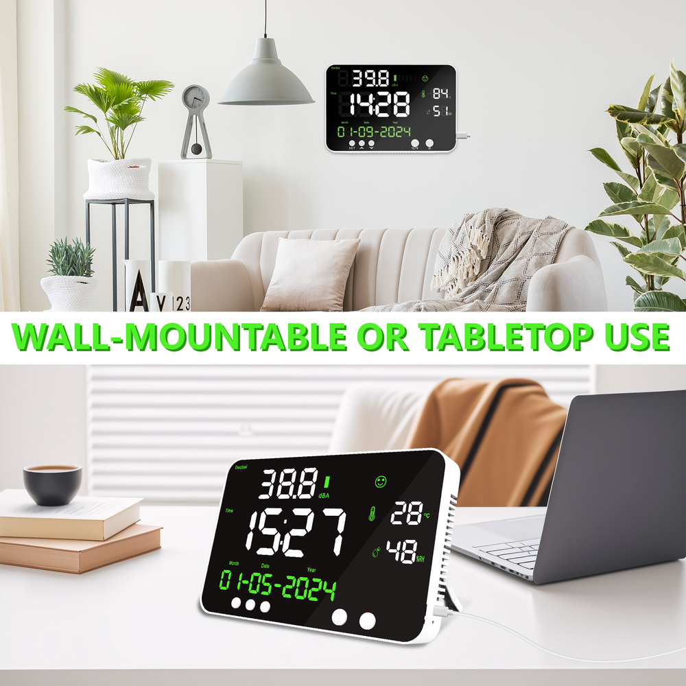 Decibel Meter Sound Level Reader LED Time Temperature Humidity Noise Meter