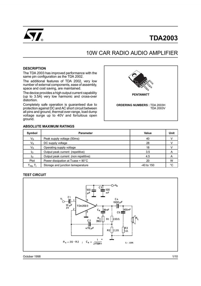 2pcs TDA2003 TDA2003A ZIP-5 10W Audio Amplifier IC Car Audio