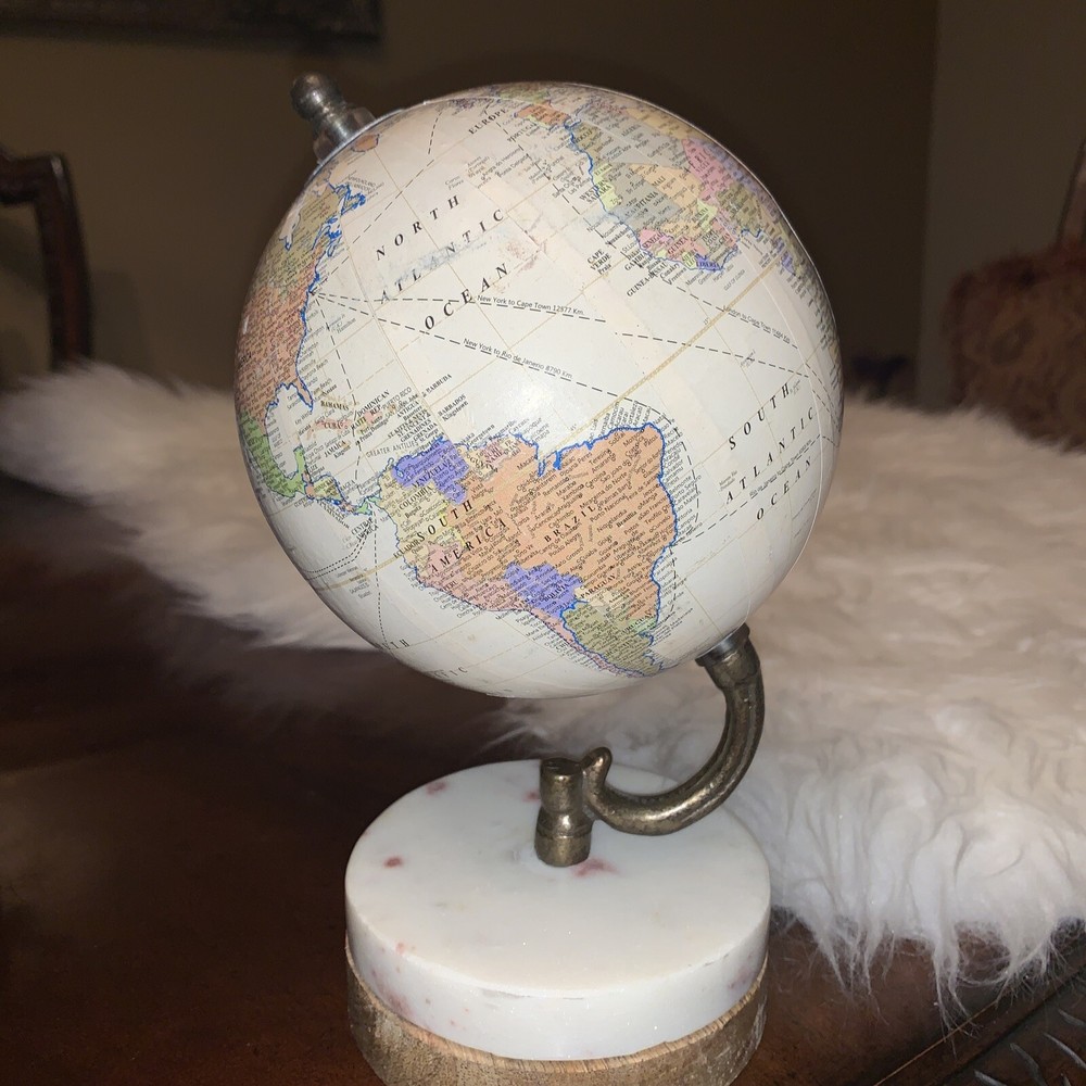 Miniature Decorative Globe Brown Wood Base On Marble