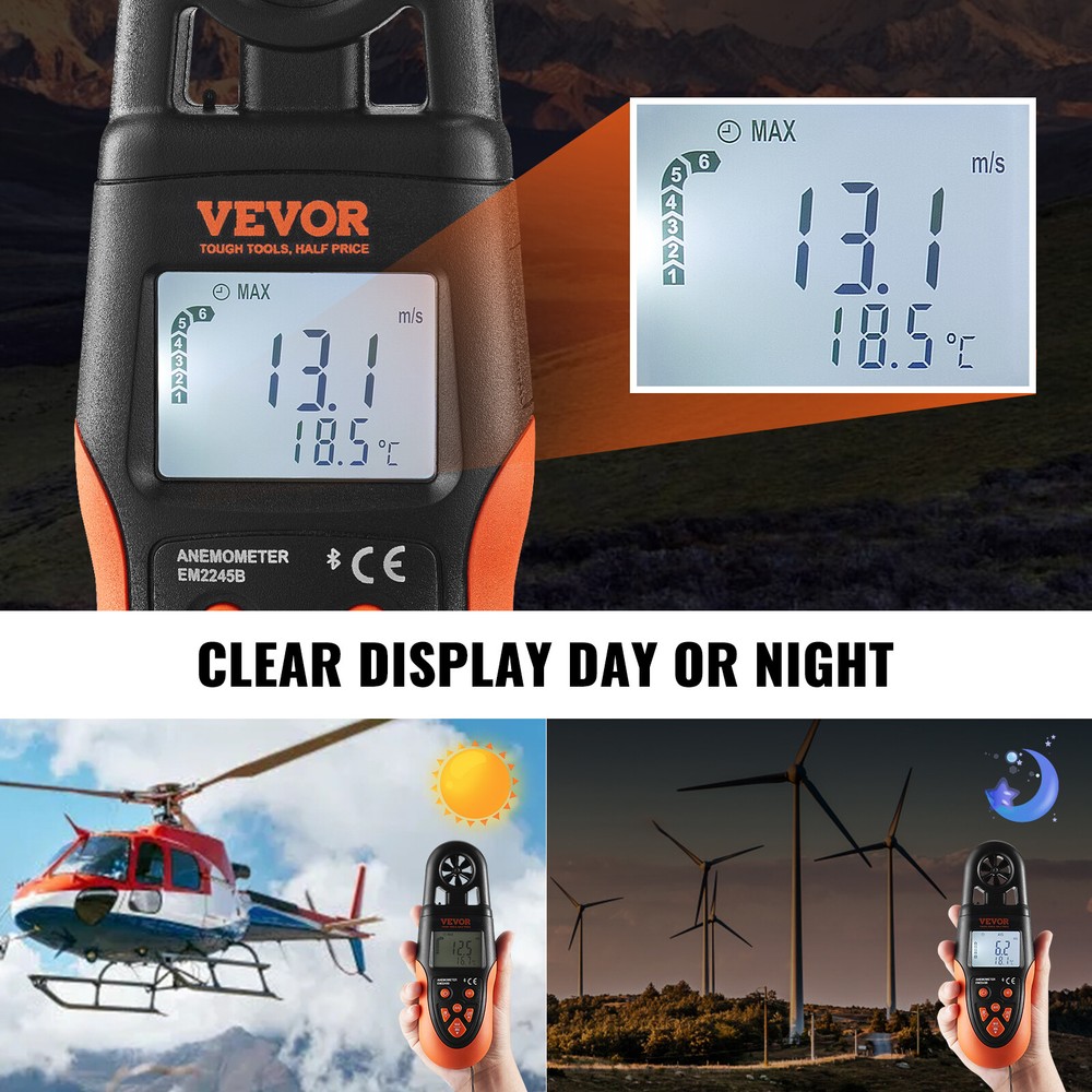 VEVOR Bluetooth Anemometer Digital Wind Speed Meter Gauge 14-140℉with LED Screen