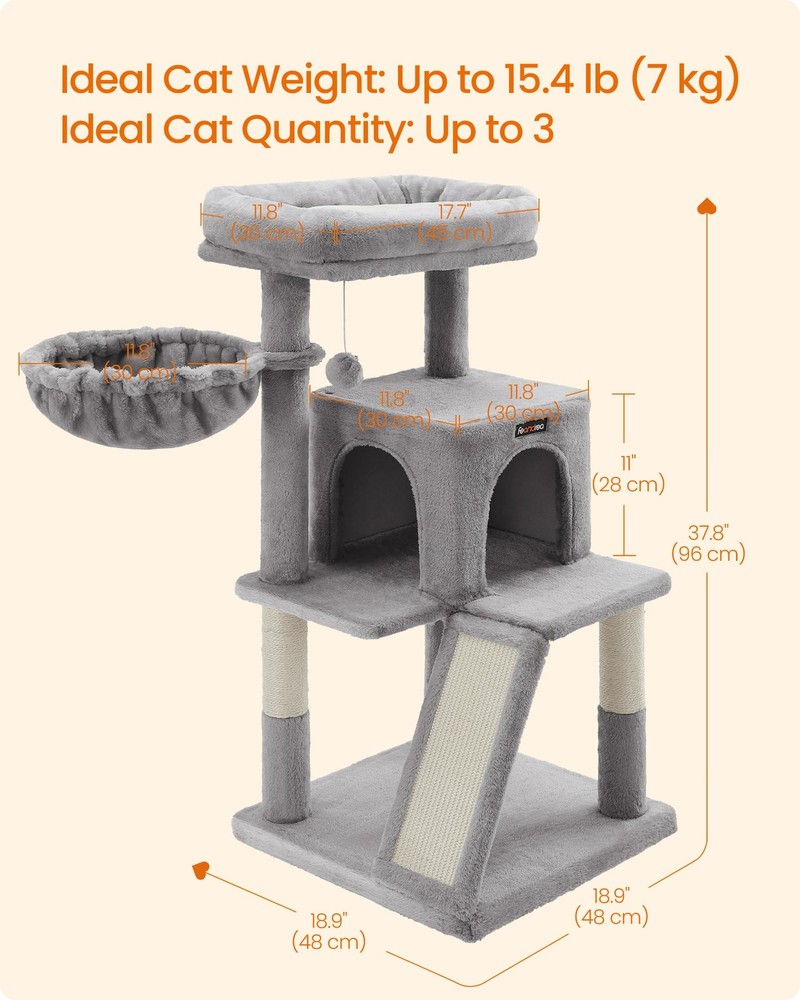 Cat Tree, 37.8-Inch Cat Tower, Multi-Level Condo with Widened Perch, Scratchi...