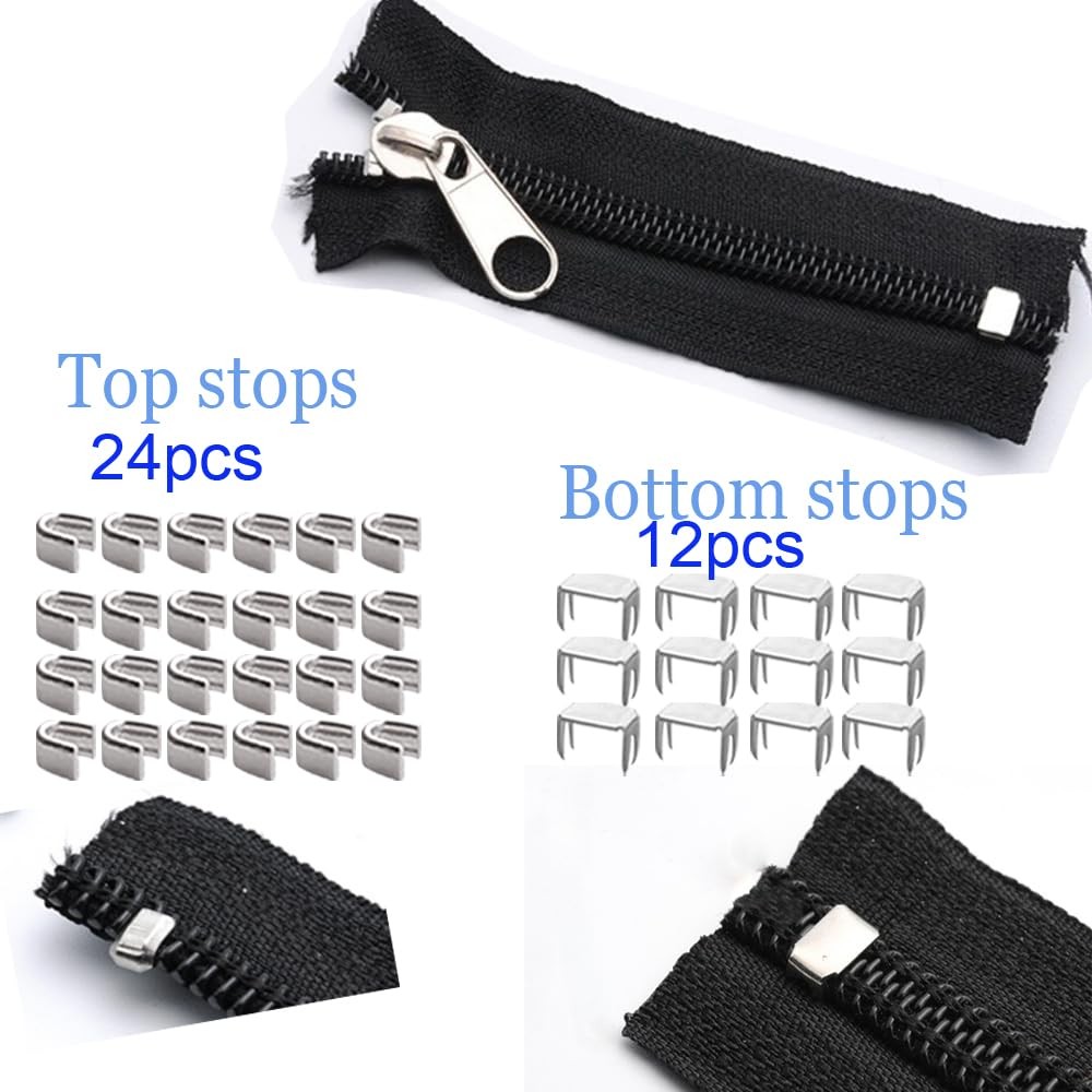 12PCS Zipper Repair Kit #5 Lockable Sliders Pulls Top & Bottom Stops Coats Pack