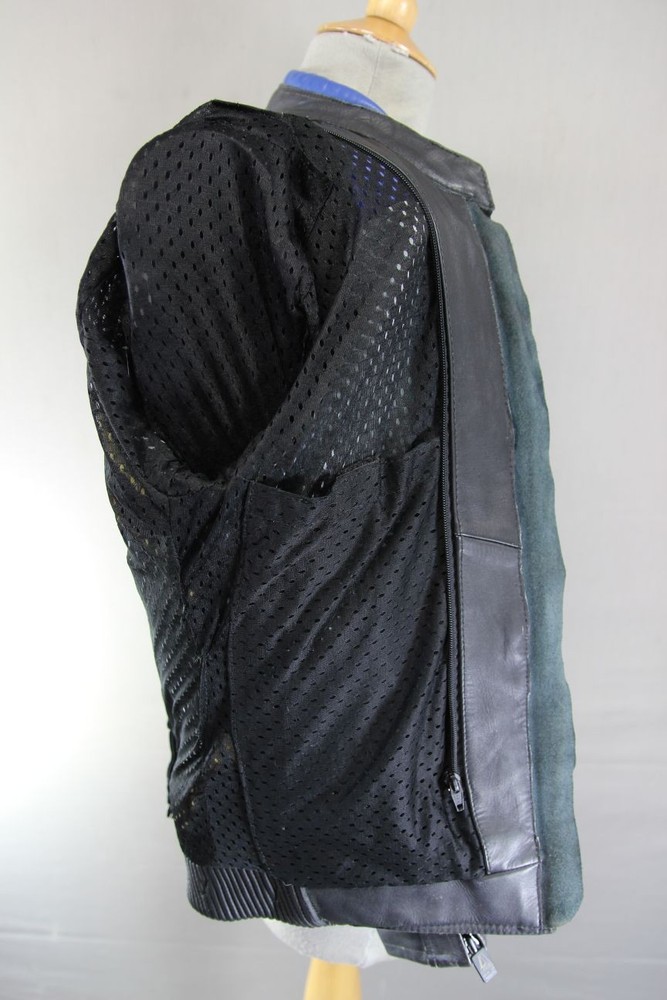 AKITO BLACK, BLUE & SILVER LEATHER BIKER JACKET WITH PROTECTORS: SIZE 12