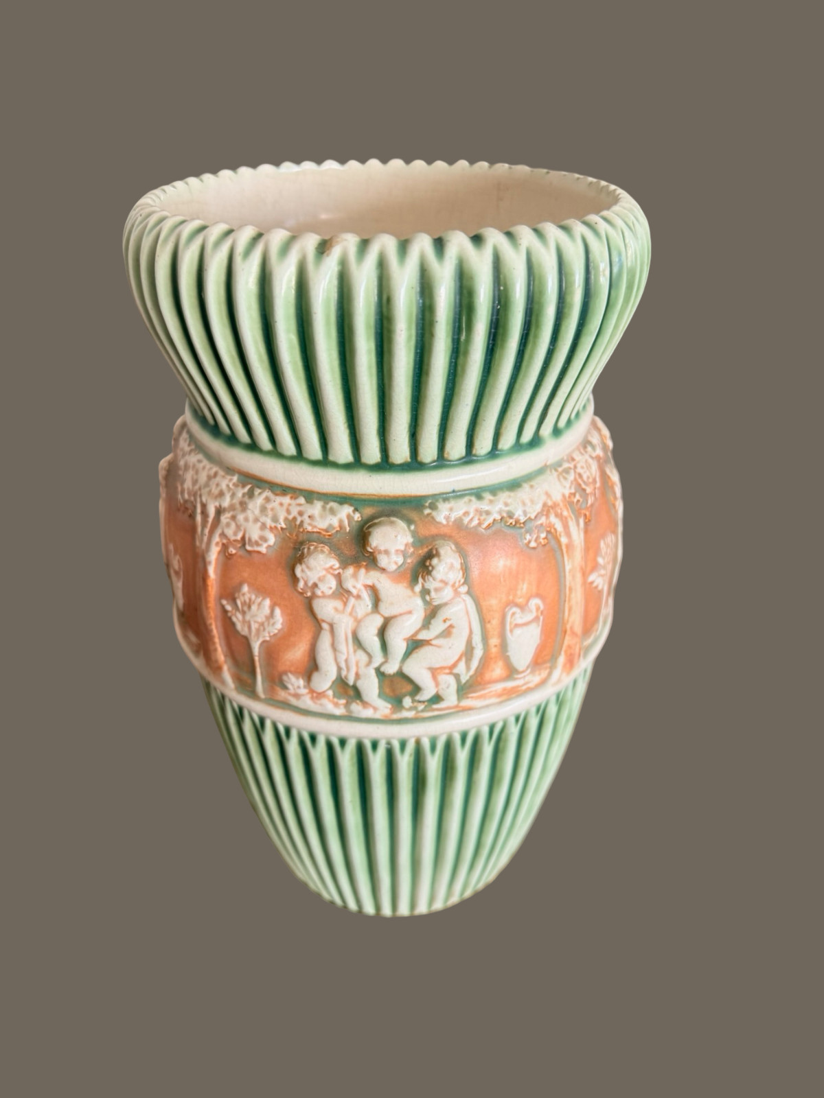 Large Antique Roseville Donatello Tall Vase Cherub Art Pottery Green 1916