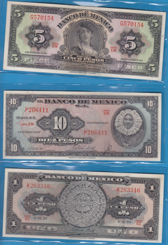 Three 1954 Mexico Notes ( 1, 5 & 10 Pesos Notes)