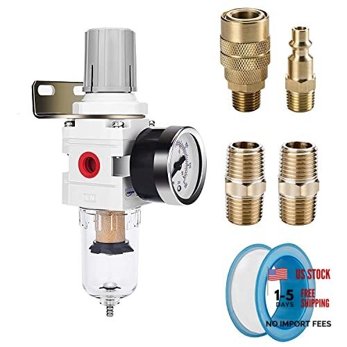 Compressed Air Filter Regulator 1/4" NPT Semi-Auto Drain, Metal Coupler&Plug