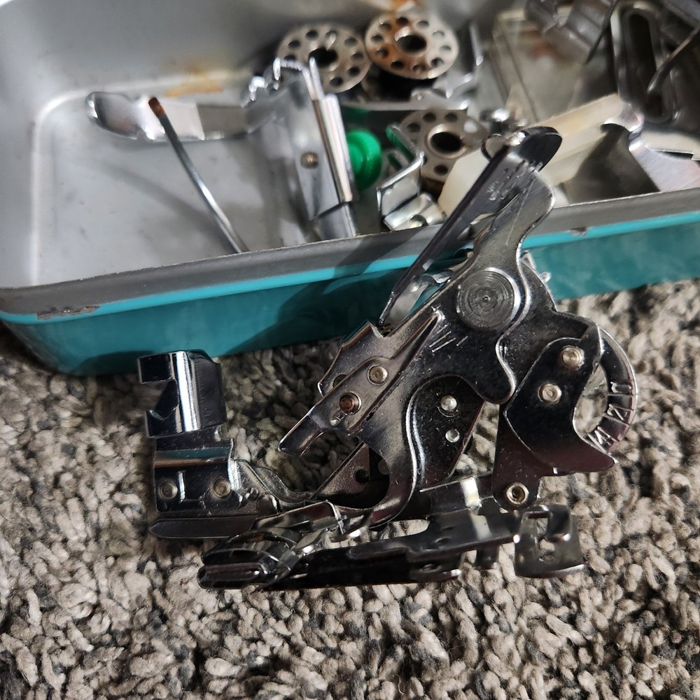 Vintage Sewing Machine Accessories Box Hinged Tin Case With Attachments