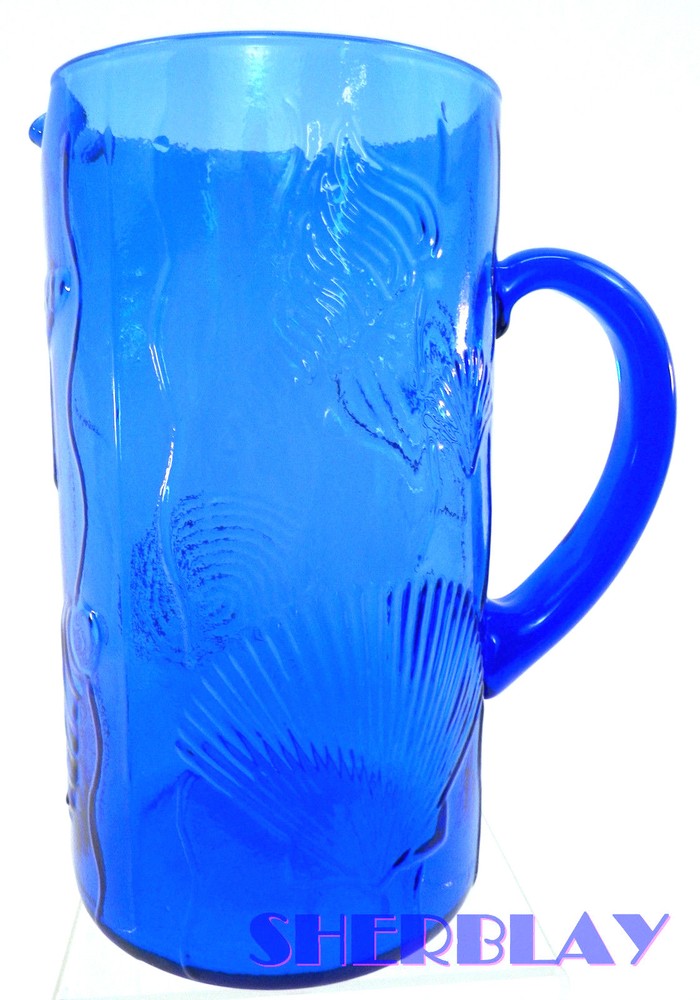 GORGEOUS COBALT BLUE GLASS PITCHER WITH SEASHELL PATTERN 8 1/2" HIGH