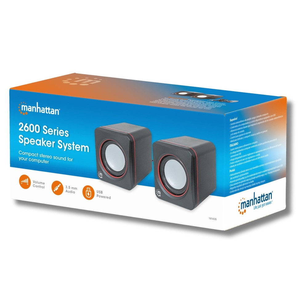 Manhattan USB Powered Stereo Speaker System - Small Size - 2", Black Orange