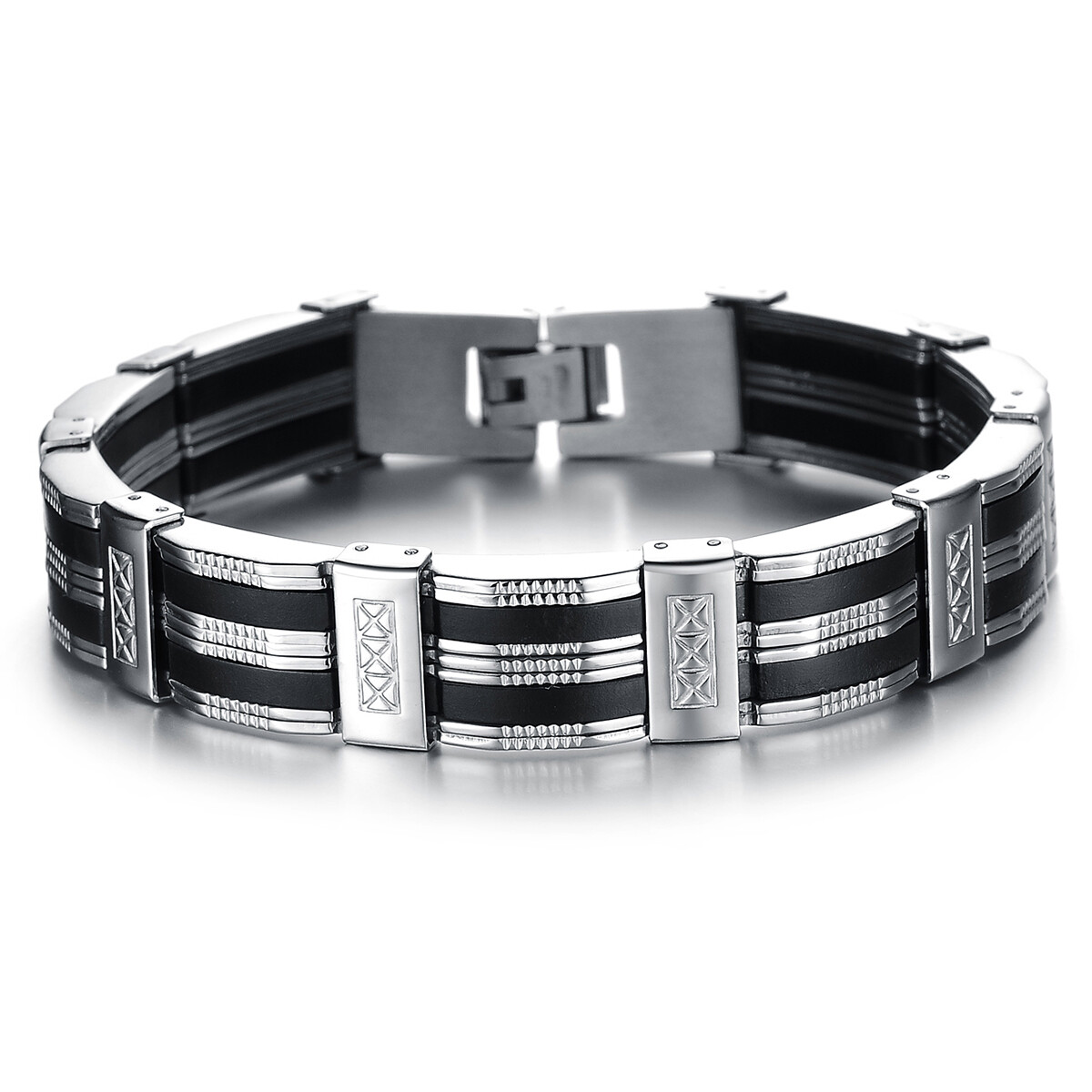 Men's Black Silver Tone Silicone Rubber Stainless Steel Bracelet Chain Wristband