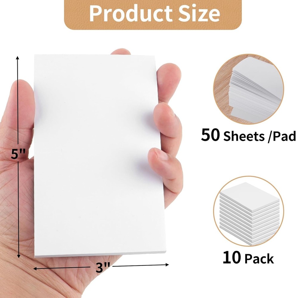 Note Pads 3x5 In, 10 Pack Blank Server Notepad, 50 Sheets inches, White