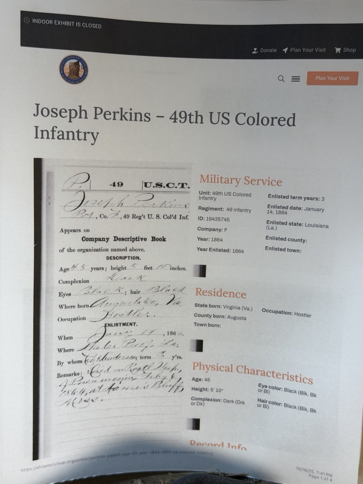 ID’D JOSEPH PERKINS CIVIL WAR 49TH COLORED TROOPS SLOUCH HAT CAP KEPI WITH PROV.