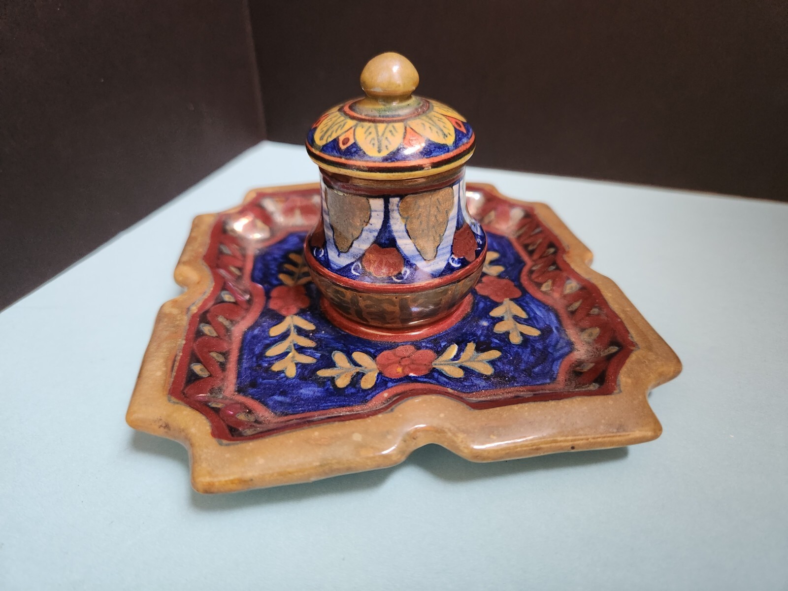 Majolica INKWELL, Societa Ceramica Umbra, Attached Tray & Lid Gubbio Italy