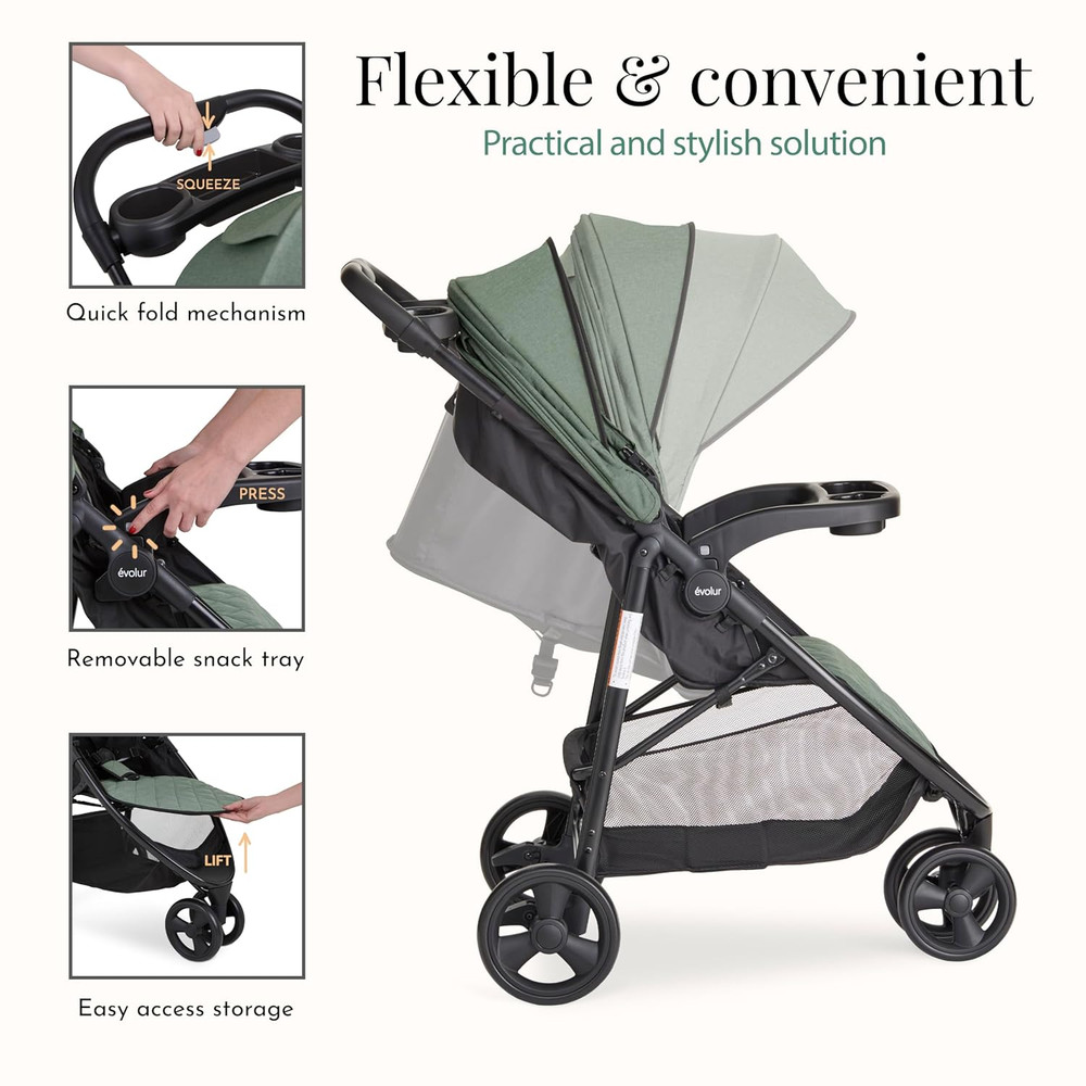 Breeze Stroller in Green, Adjustable Backrest & Canopy, Compact Fold Lightweight