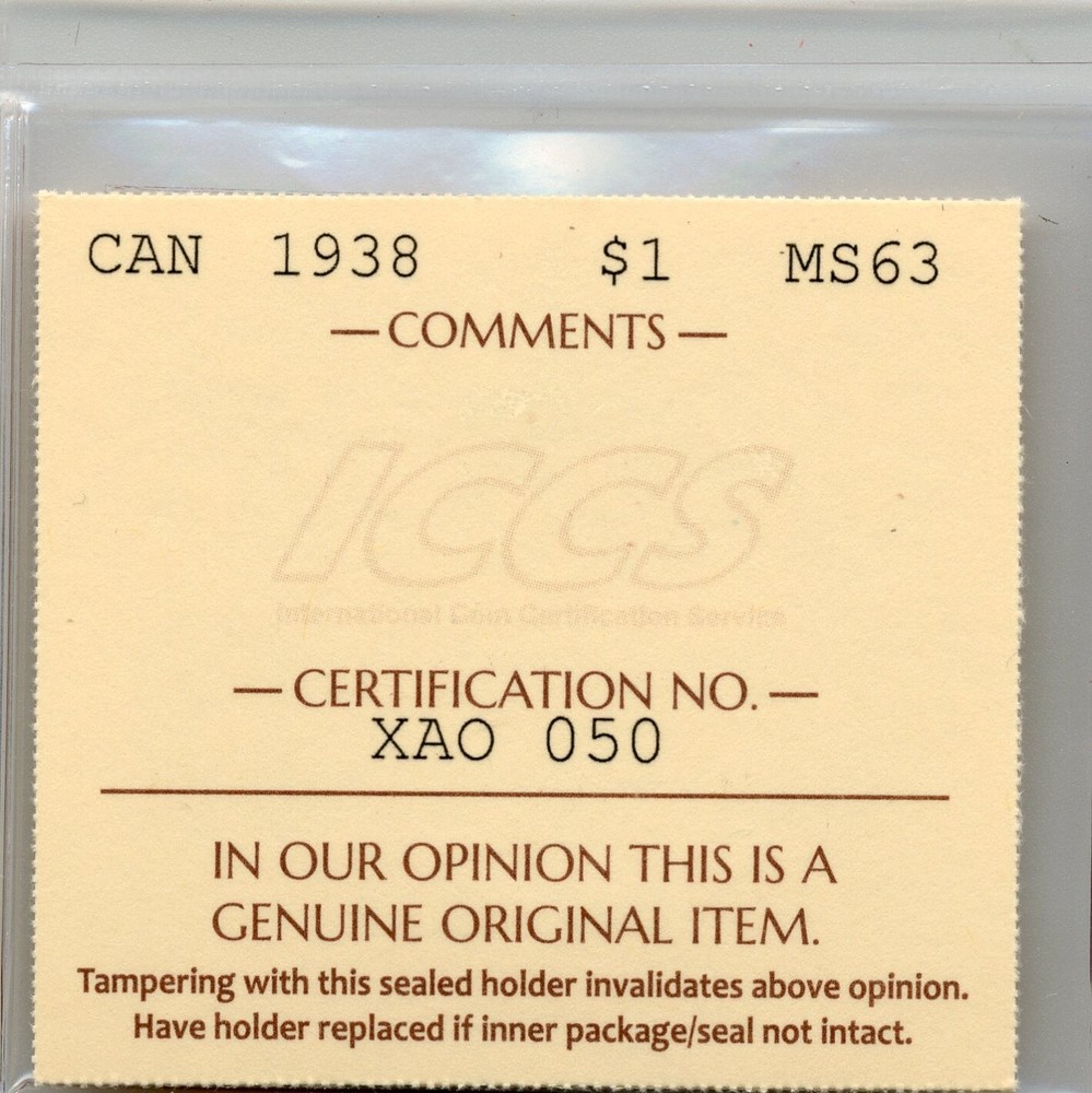 1938 Canada Silver Dollar - Choice Uncirculated, ICCS MS 63