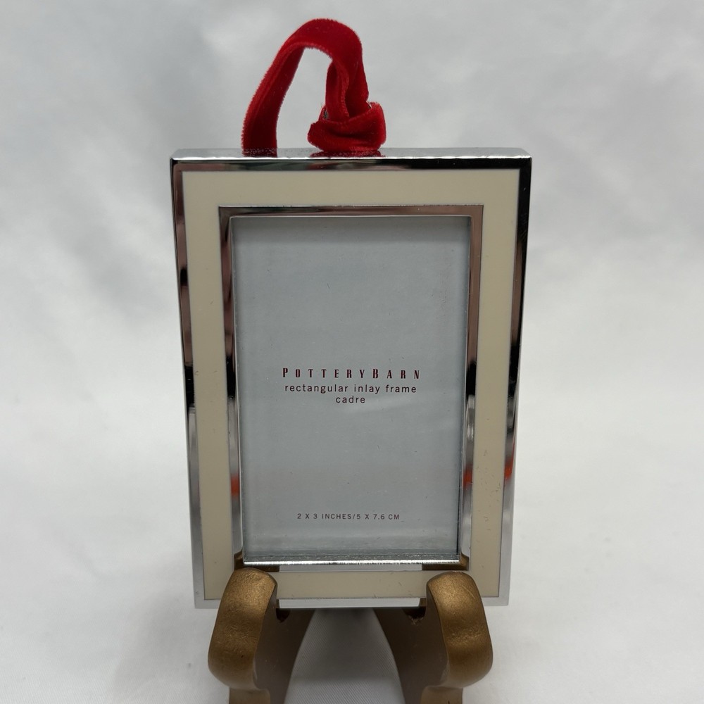 Pottery Barn Rectangular Inlay Mini Frame Silver Plated Red Ribbon 2x3