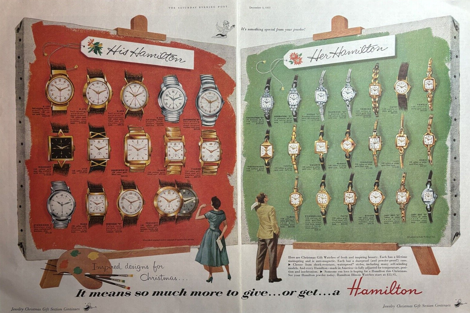 1955 Hamilton Watches Christmas Models Inspired Designs His Hers VTG Print Ad