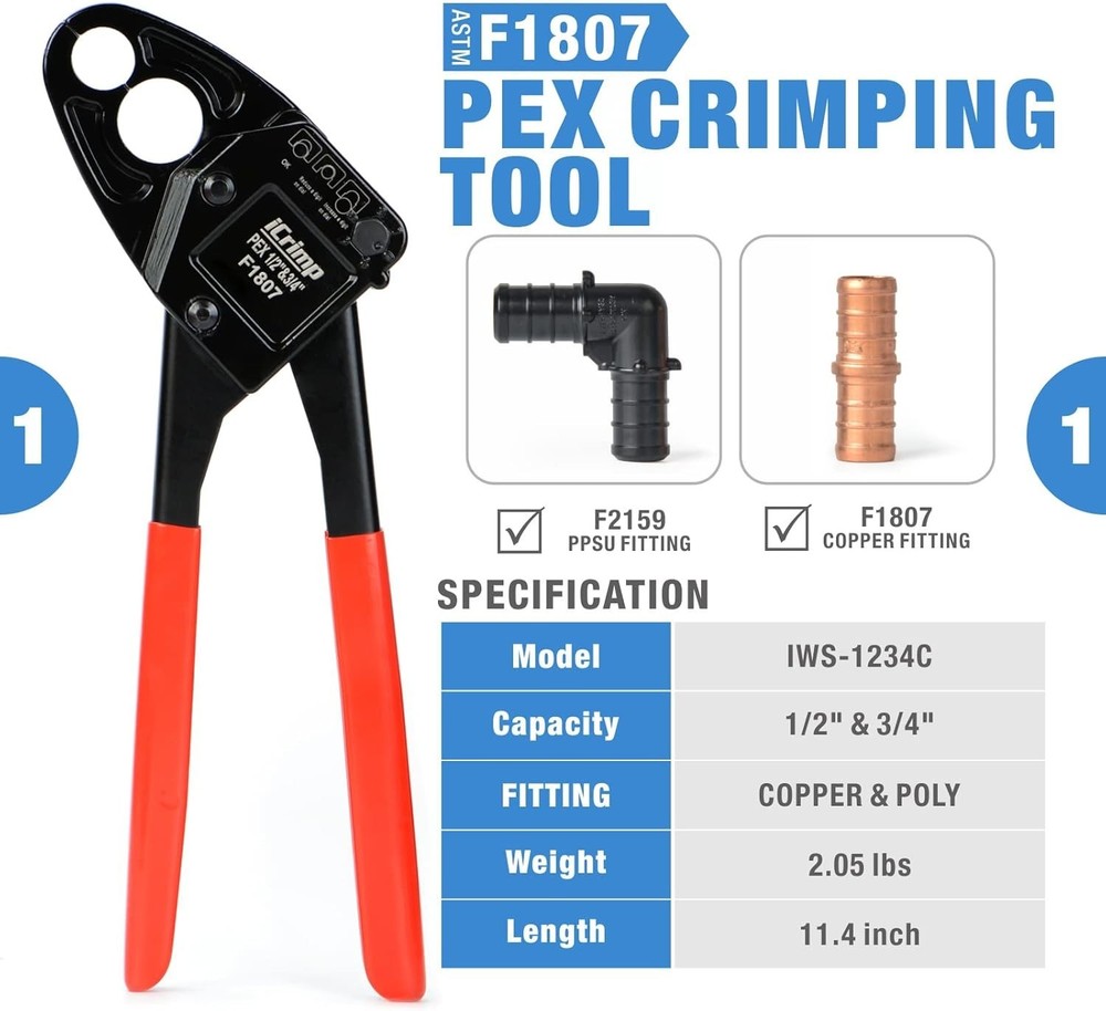 IWISS Combo Angle Head PEX Pipe Crimping Tool Kits for 1/2" 3/4" Pex Crimp