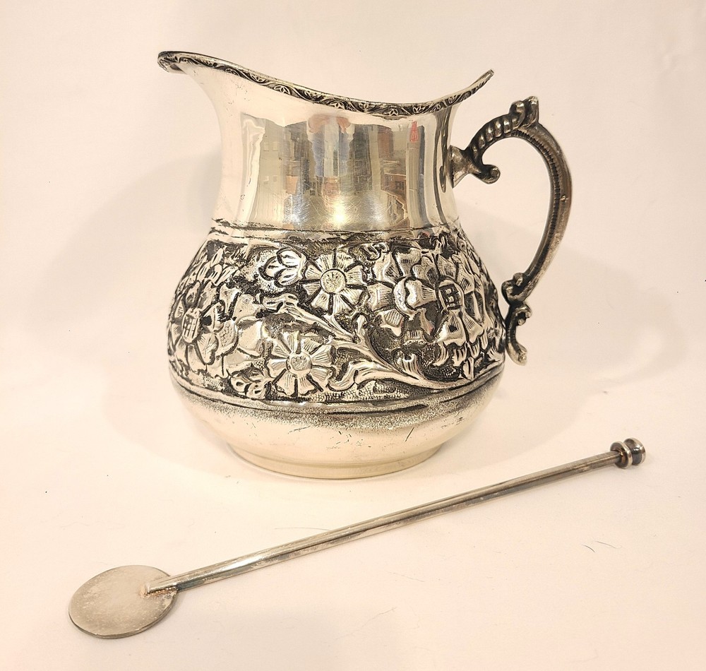 VINTAGE ESTATE SILVER-PLATED EMBOSSED FLORAL PITCHER WITH SPOON