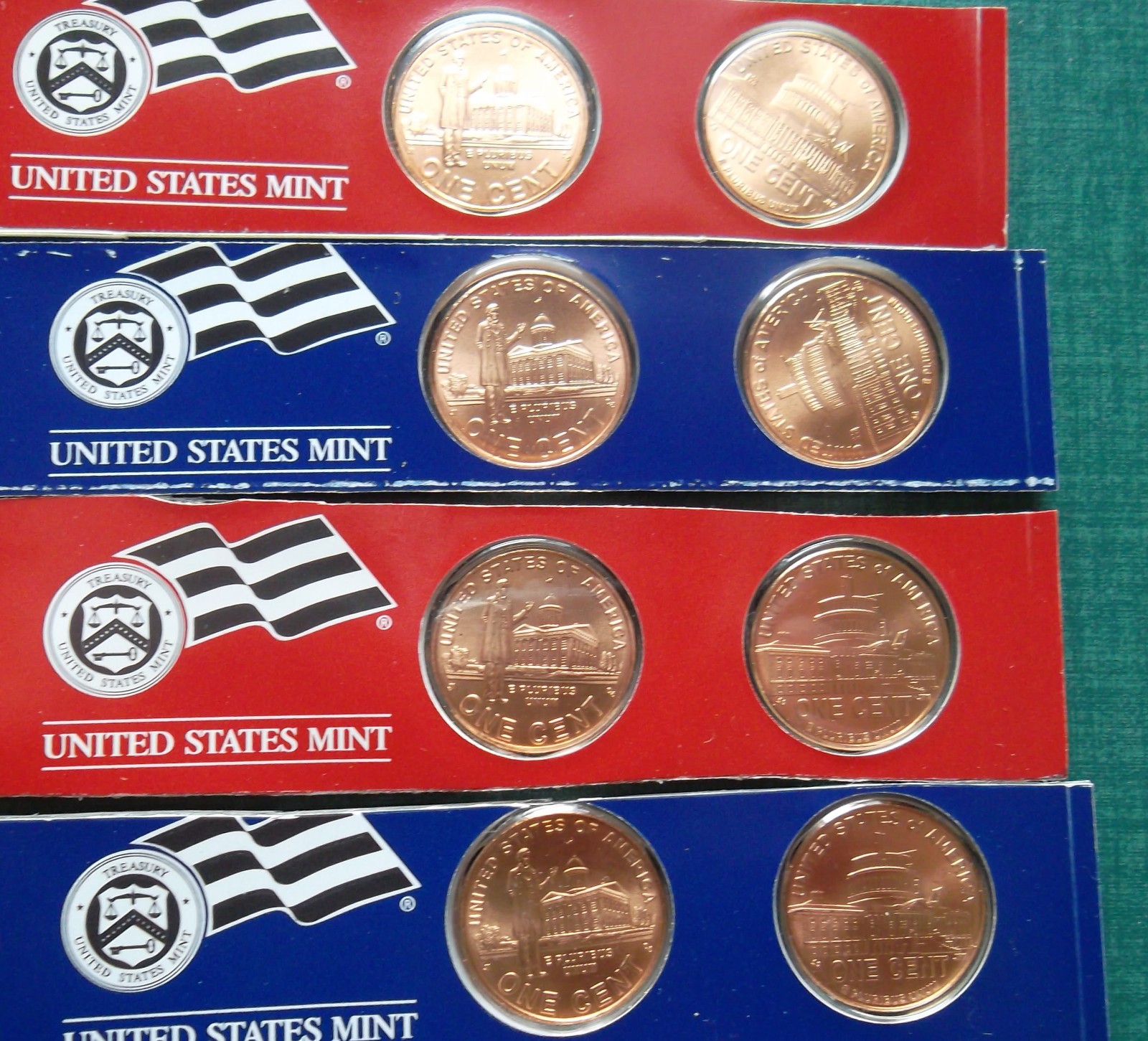 2009-P&D satin finish Uncirculated Lincoln cents: 8-coin set in two Mint strips