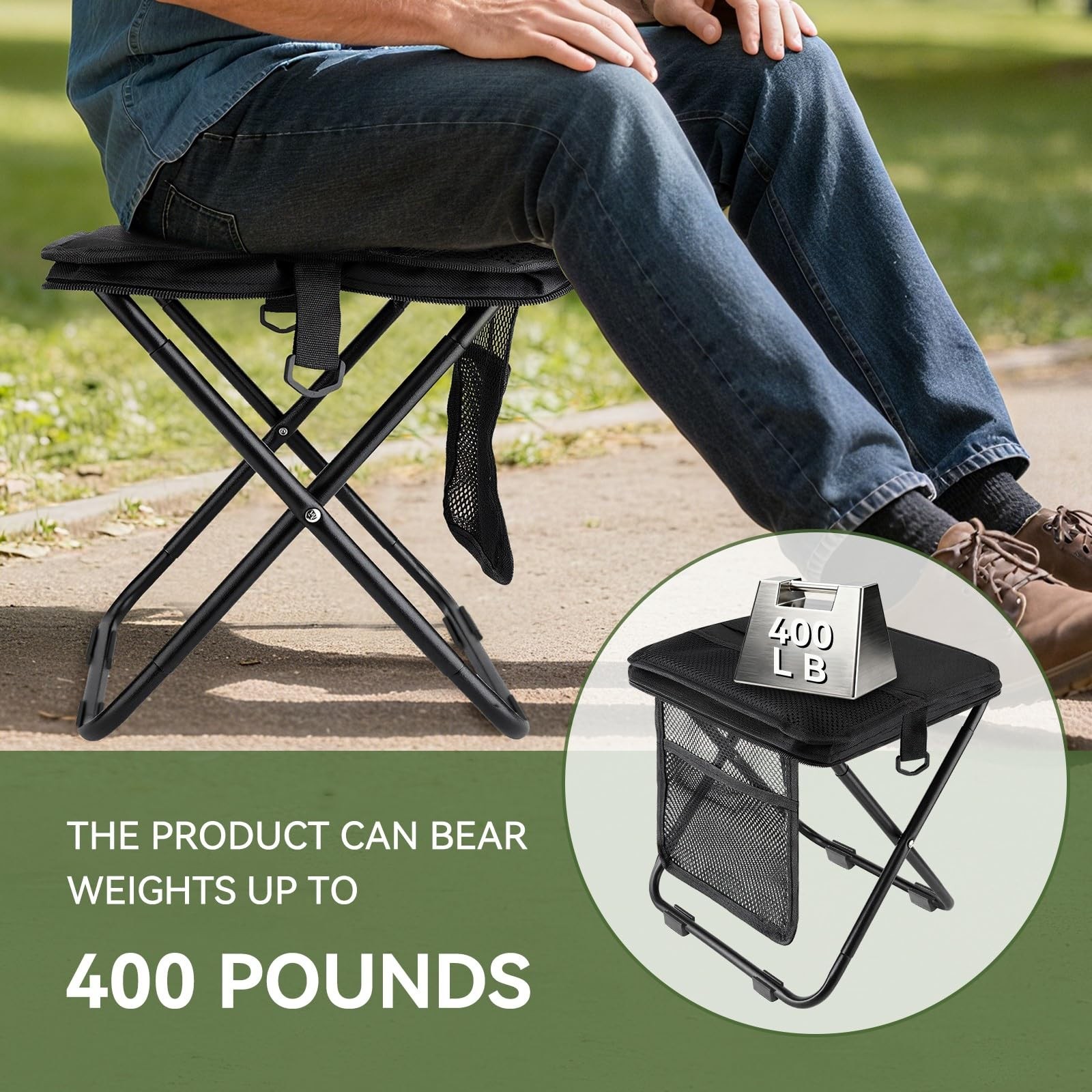 Portable folding stool with dual storage pockets and side pockets Compact adu...