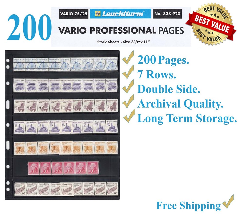 200 New Lighthouse Vario 7S Stamp Album Pages 7 Rows Double Side Black Archival
