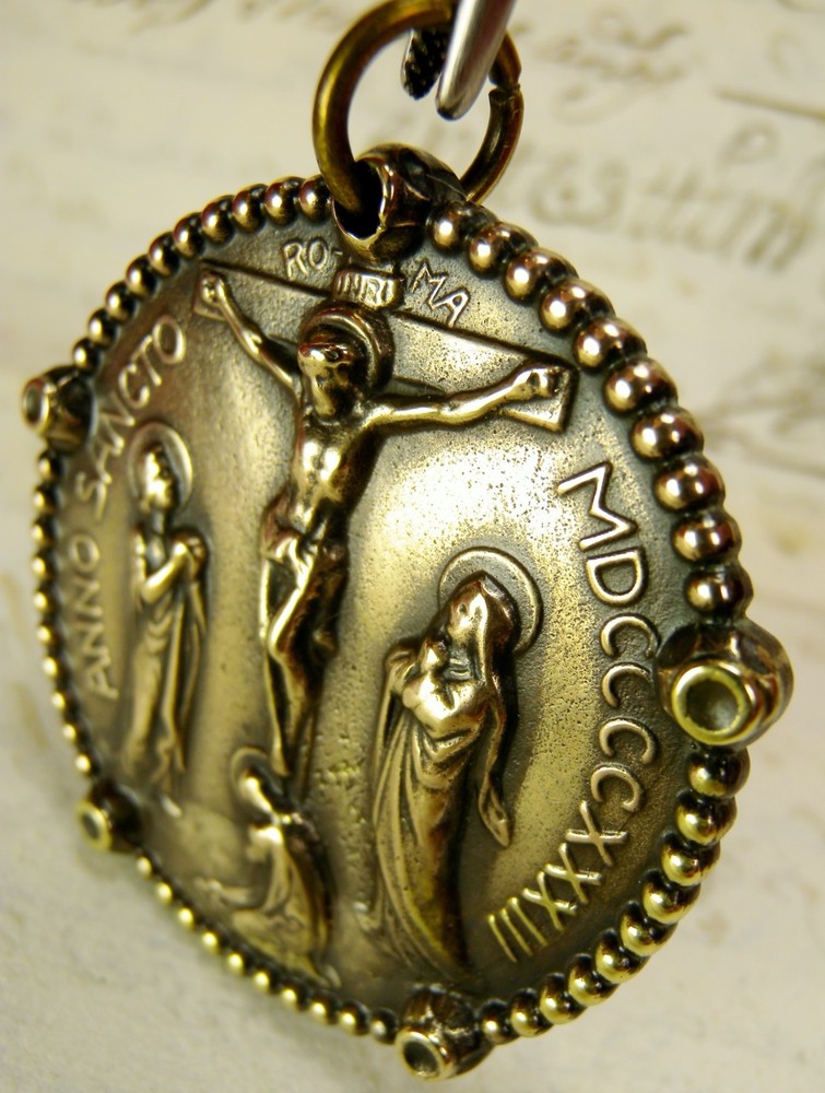 RARE WWII Chaplains Complete Catholic Rosary Fob 1933 Jubilee Year Bronze Medal