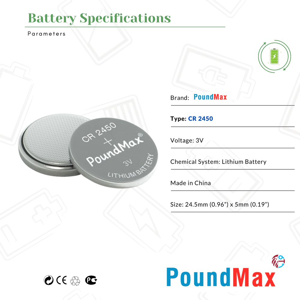 PoundMax CR2450 Batteries 3v Lithium Button Cell Battery Combo Pack - 5 Count