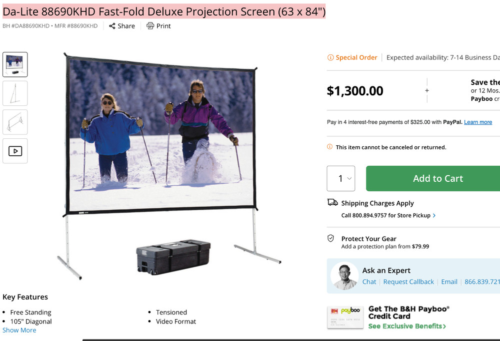Da-Lite Fast-Fold Frame, Projection Screen, 105" diagonal 5'x7', 63"x84", Case