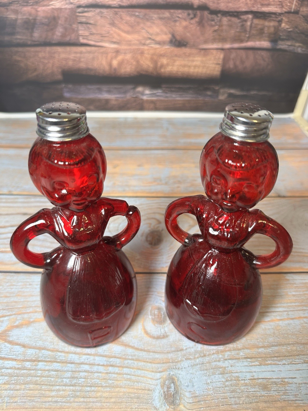 Vintage Ruby Red Glass Merry Maid Salt Pepper Shakers Set Taiwan Figural