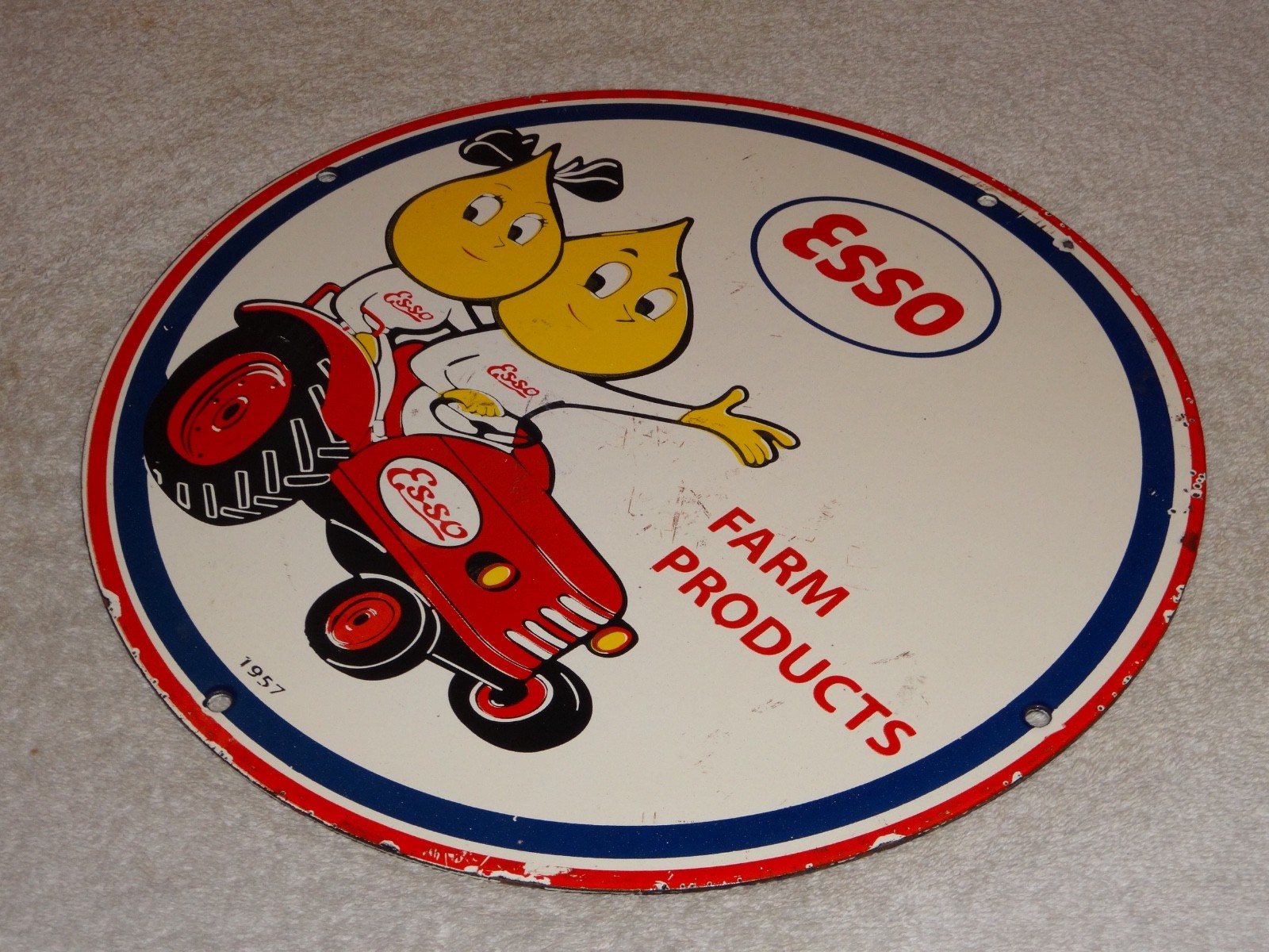 VINTAGE 1957 ESSO FARM OIL DROP BOY GIRL 11 3/4" PORCELAIN TRACTOR GASOLINE SIGN